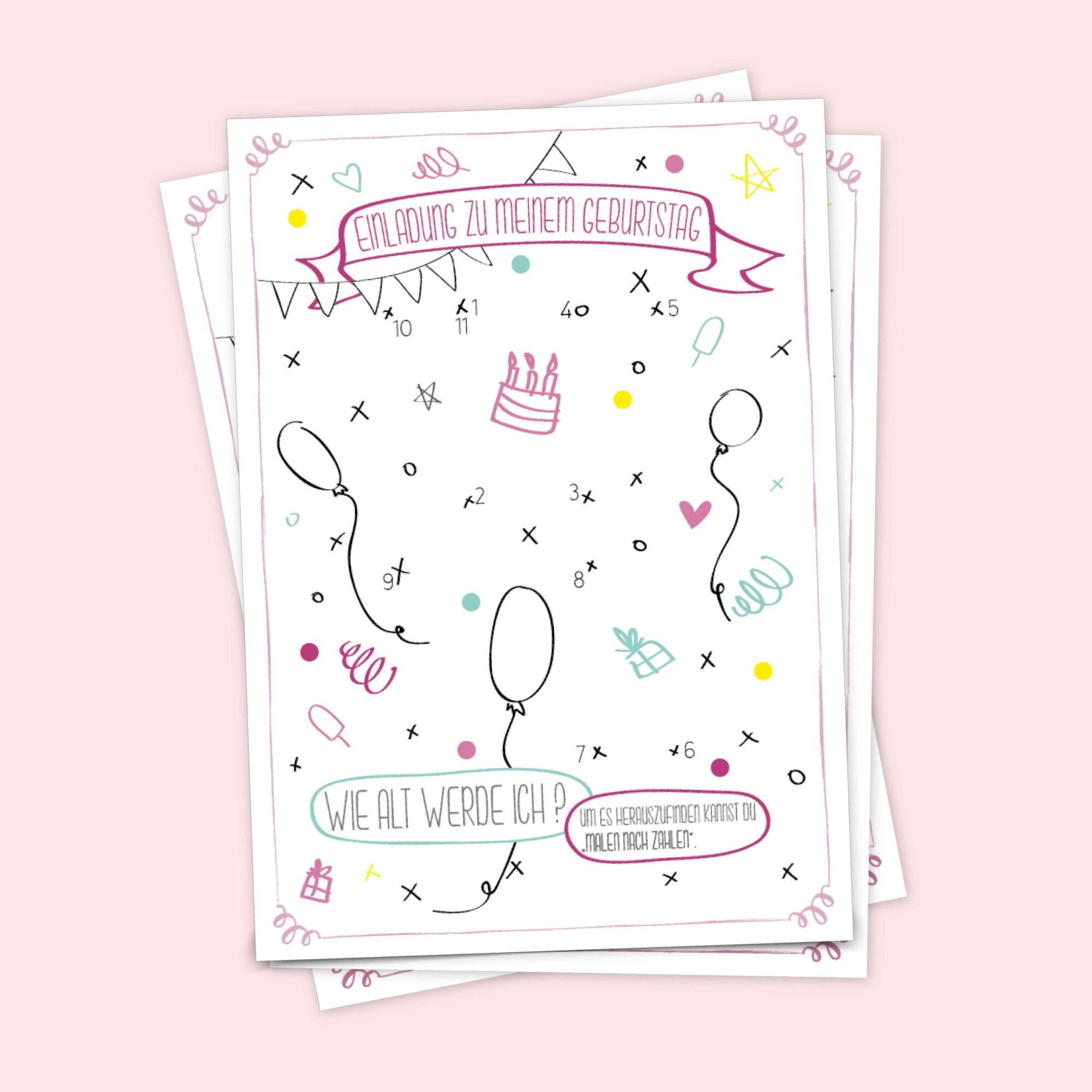 Malen-nach-Zahlen-Einladung-Geburtstag-Kindergeburtstag-Postkarte-Party-Konfetti-Wimpel-Luftballons-Mädchen-Rosa-Online-Shop-4