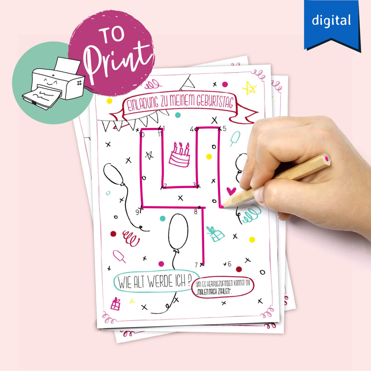 4. Geburtstag Karte Rosa Mädchen Einladung digitaler Download zum Herunterladen und Ausdrucken Kindergeburtstag 4
