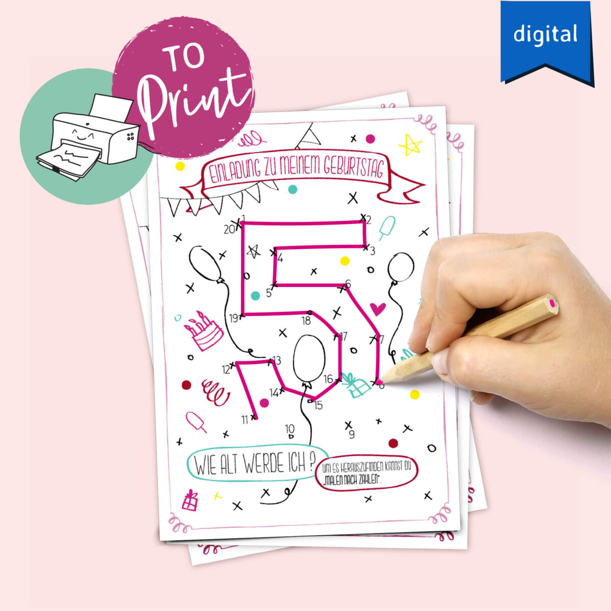 5. Geburtstag Karte Rosa Mädchen Einladung digitaler Download zum Herunterladen und Ausdrucken Kindergeburtstag 5