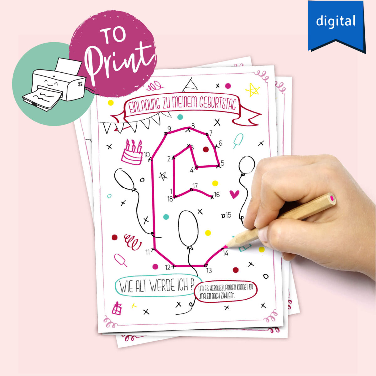 6. Geburtstag Karte Rosa Mädchen Einladung digitaler Download zum Herunterladen und Ausdrucken Kindergeburtstag 6