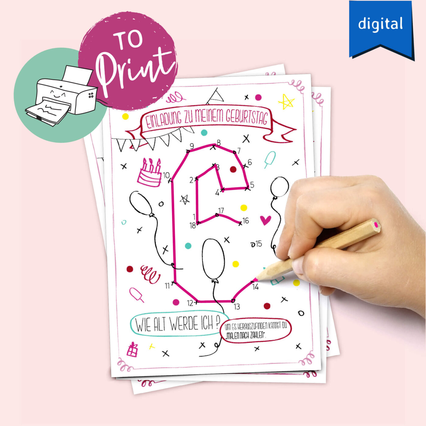 6. Geburtstag Karte Rosa Mädchen Einladung digitaler Download zum Herunterladen und Ausdrucken Kindergeburtstag 6