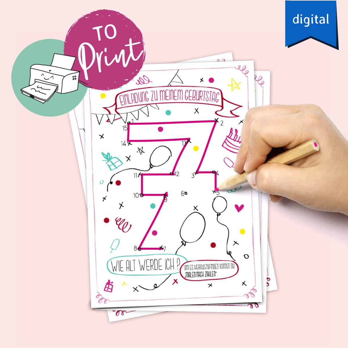 7. Geburtstag Karte Rosa Mädchen Einladung digitaler Download zum Herunterladen und Ausdrucken Kindergeburtstag 7