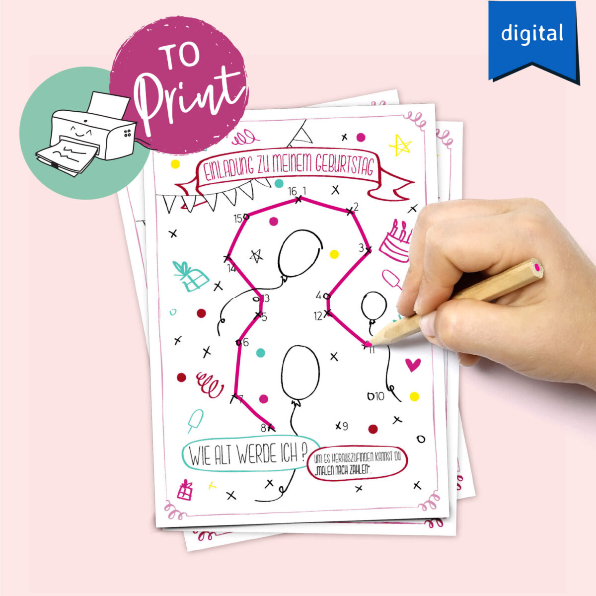 8. Geburtstag Karte Rosa Mädchen Einladung digitaler Download zum Herunterladen und Ausdrucken Kindergeburtstag 8