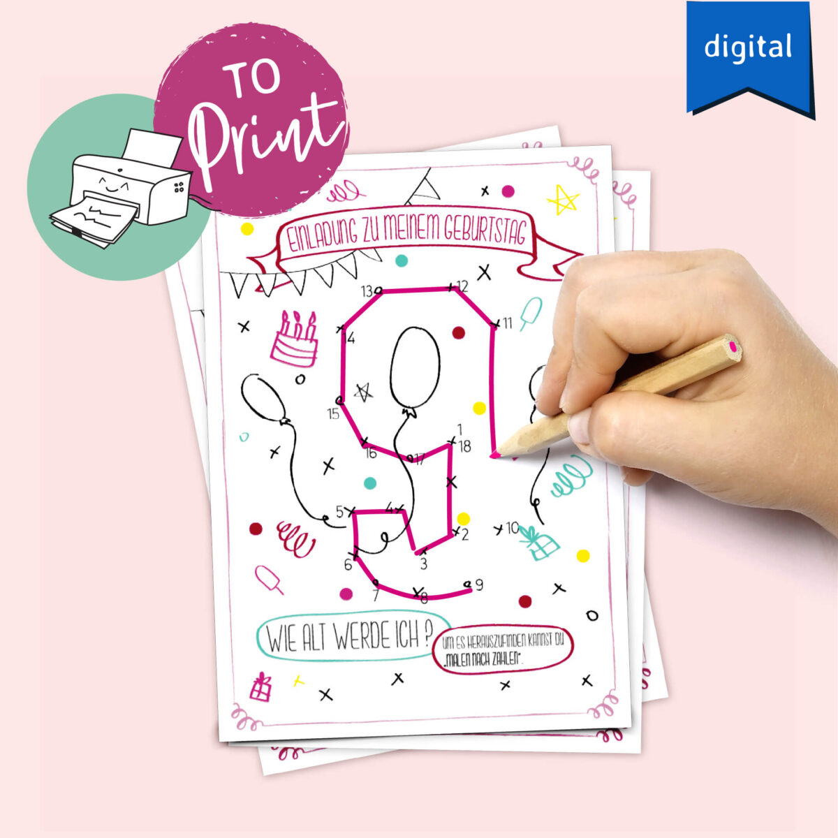 9. Geburtstag Karte Einladung digitaler Download zum Herunterladen und Ausdrucken Kindergeburtstag Rosa Mädchen 9
