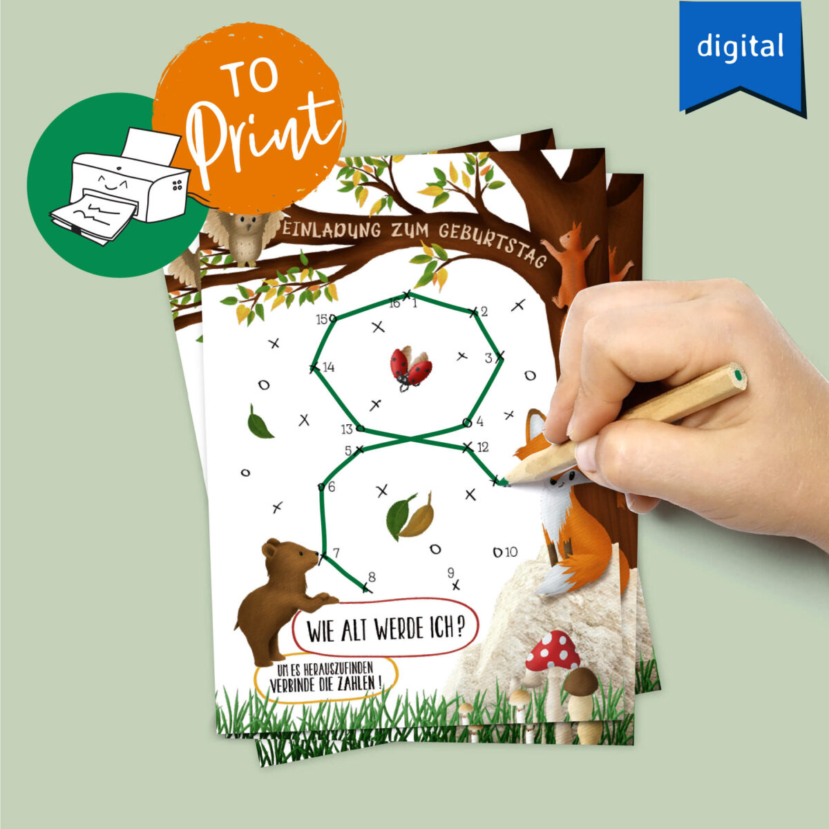 Einladungskarte 8. Geburtstag Waldtiere – Digitales PDF zum Ausdrucken & Mitmachen