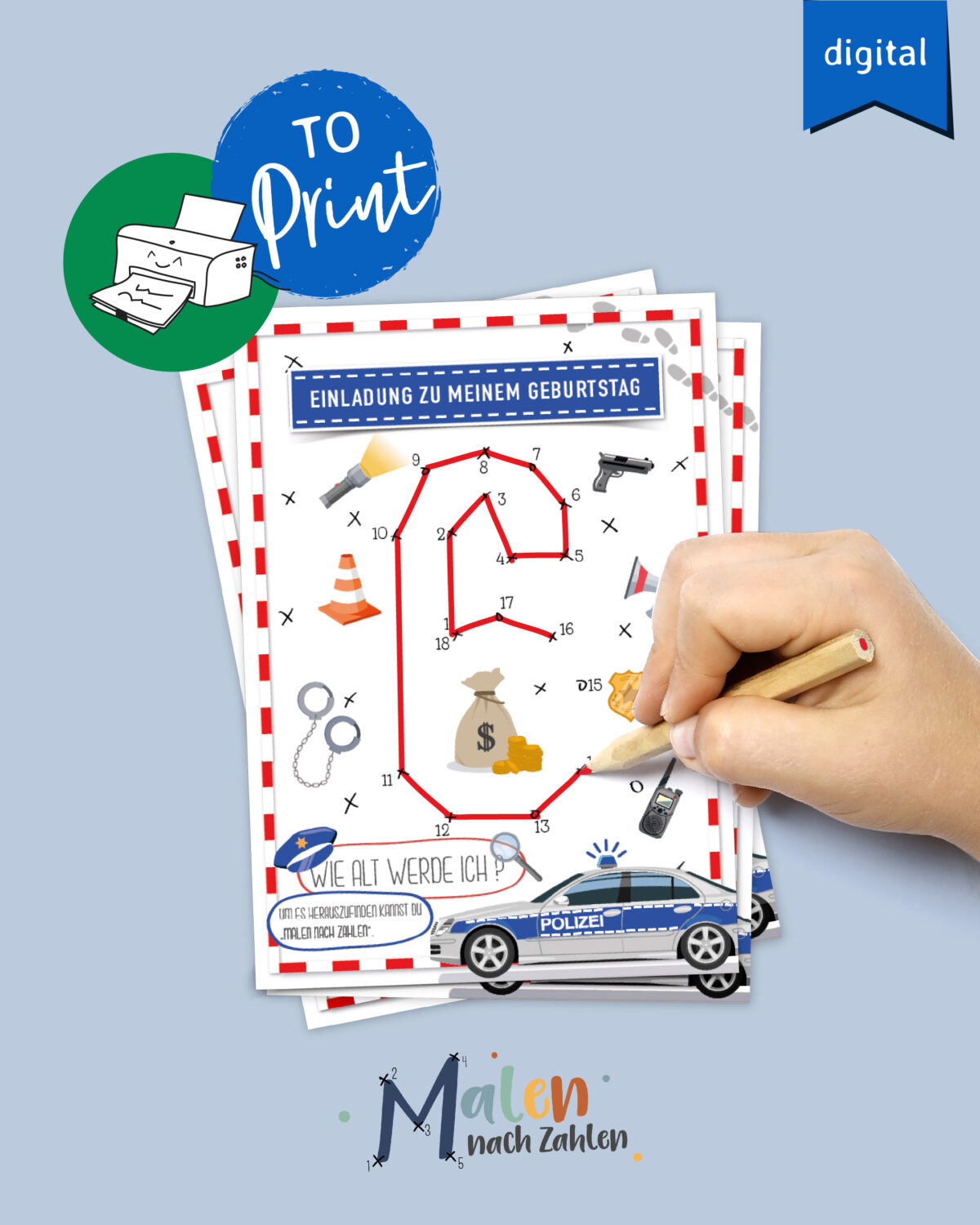 6. Geburtstag Karte Einladung digitaler Download zum Herunterladen und Ausdrucken Kindergeburtstag Polizei 6